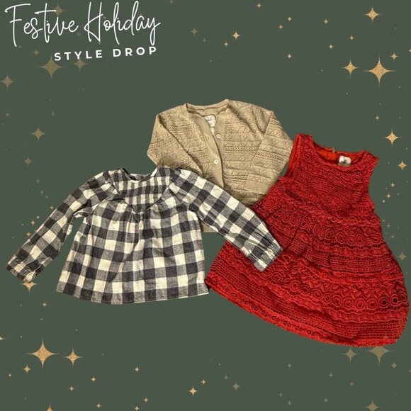 Holiday buffalo check Top + Gold Cardigan + Red Lace Dress 18–24 Month bundle - Picture 1 of 11